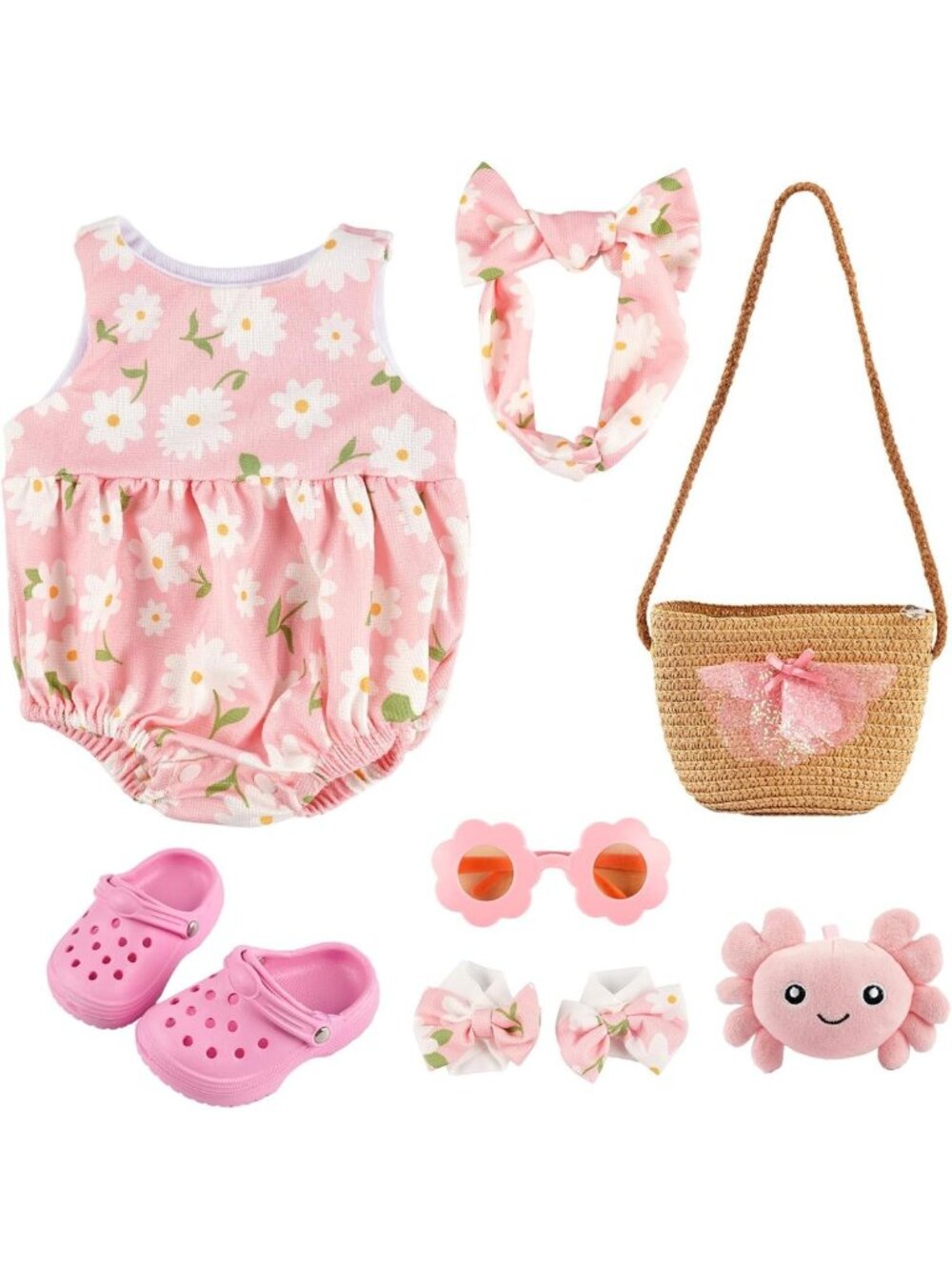 7pc Summer Doll Clothes Set Woven Bag Shoes for 16-20in Baby Doll